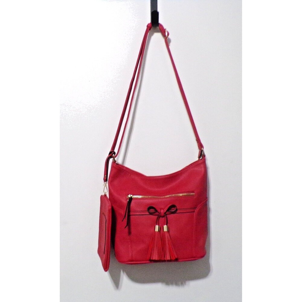 Red With Fringe Shoulder Bag with Gold Accents and Detachable Change Purse Zip